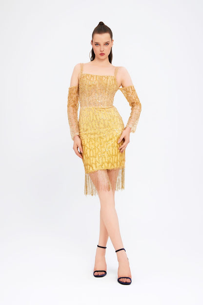 Închiriere rochie Sunshine Muse – Mini Golden Fringe