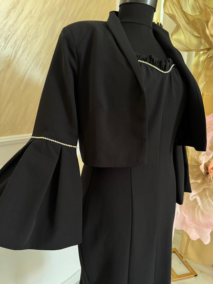 Rochie Black Grace – Midi Elegantă cu Pietricele & Sacou Bell-Sleeve