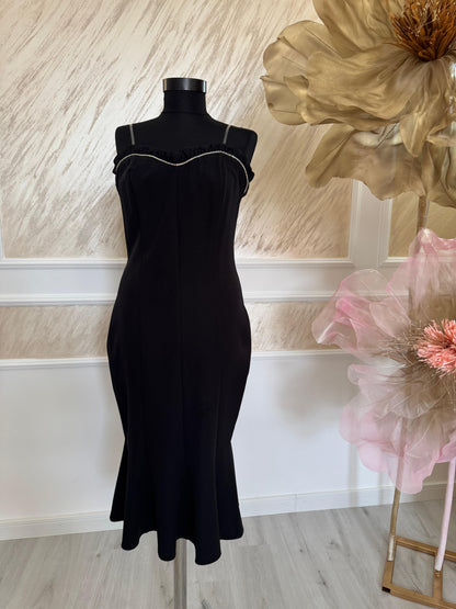 Rochie Black Grace – Midi Elegantă cu Pietricele & Sacou Bell-Sleeve