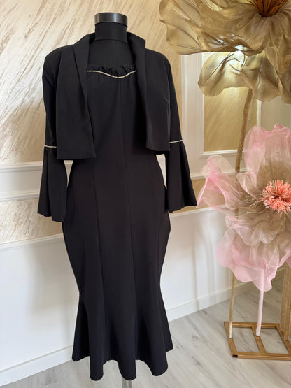 Rochie Black Grace – Midi Elegantă cu Pietricele & Sacou Bell-Sleeve